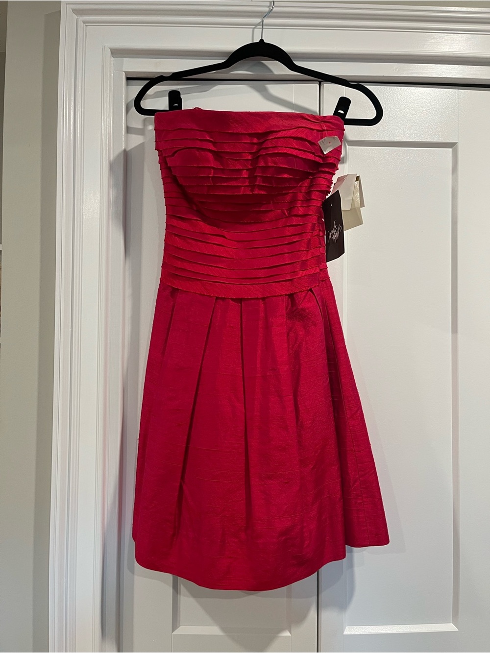 VINTAGE Lord & Taylor Strapless Red Iridescent Party Dress with Pleated Bodice